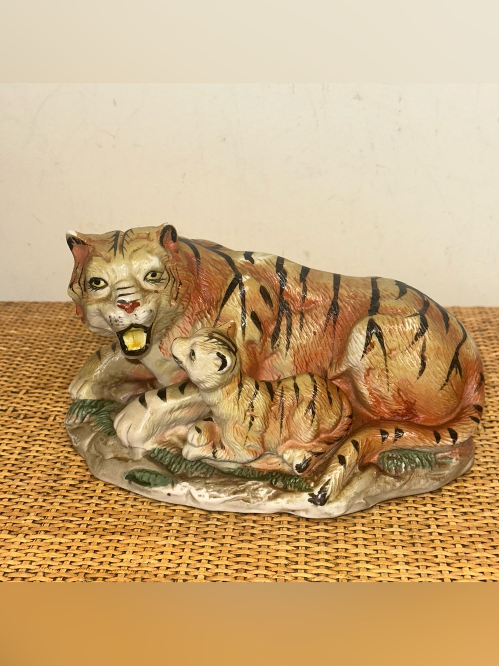 Vintage Mother Tiger & Cub Ceramic Hand Painted MCM Handmade Jungle Safari